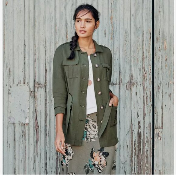 J.Jill Caraway Linen Blend Olive Pockets Utility Cargo Safari Jacket Size LP - Picture 4 of 16